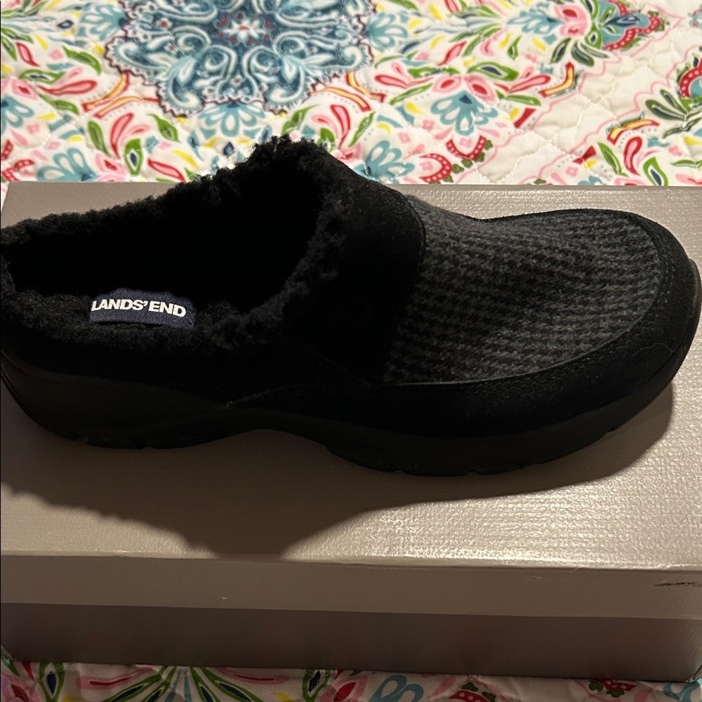 Lands' End Black Fuzzy Slip-Ons